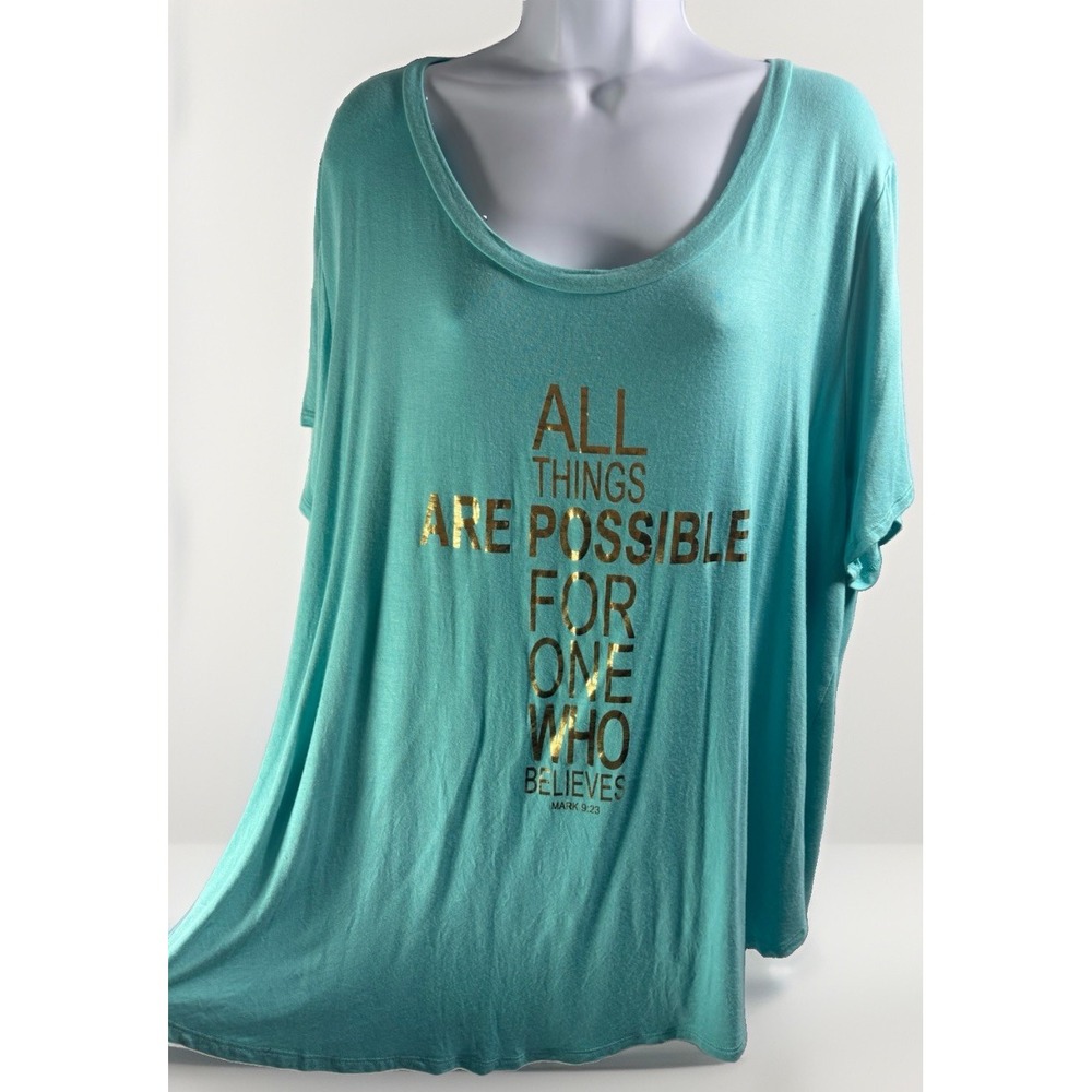 Homegirl Society 3X Teal Christian Tee Gold Cross All Things Are Possible